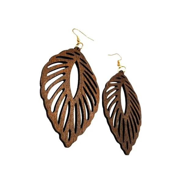 Hollow Leaf Earrings Wood Bohemian Dangle Boho Style Ear Jewelry Brown Gold - Picture 3 of 4